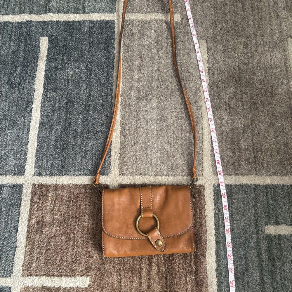 Frye Tan Leather Crossbody Bag with Brass Ring Accent